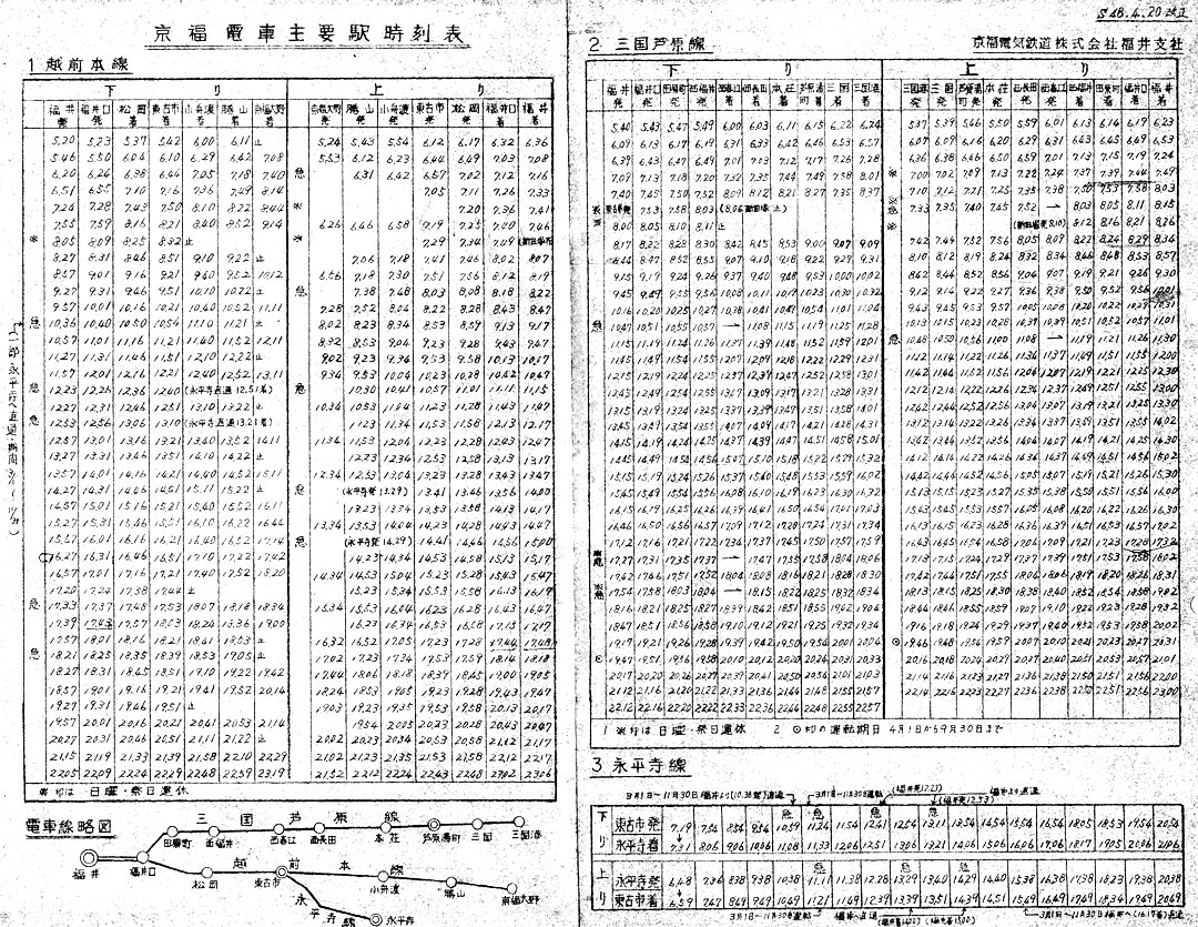 京福電鉄福井支社S48年4月20日改正時刻表